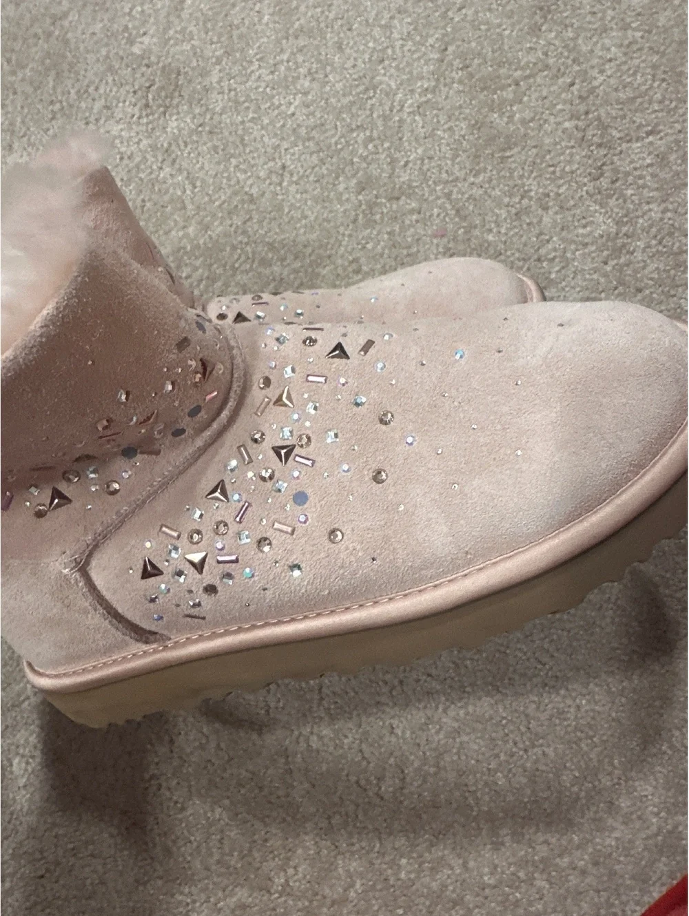 (1)UGG Women's Pink Suede Ankle Boots with Rhinestone Embellishments Size 9